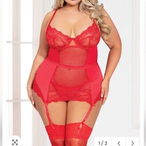 Seven Til Midnight Chemise With Criss-Cross Back And Thong Set Plus Size 3X/4X